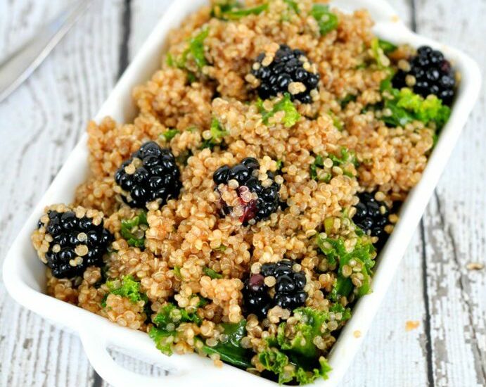 Kale Quinoa Salad is perfect for a summer dinner or lunch. Top it with fresh blackberries for a little added sweetness.