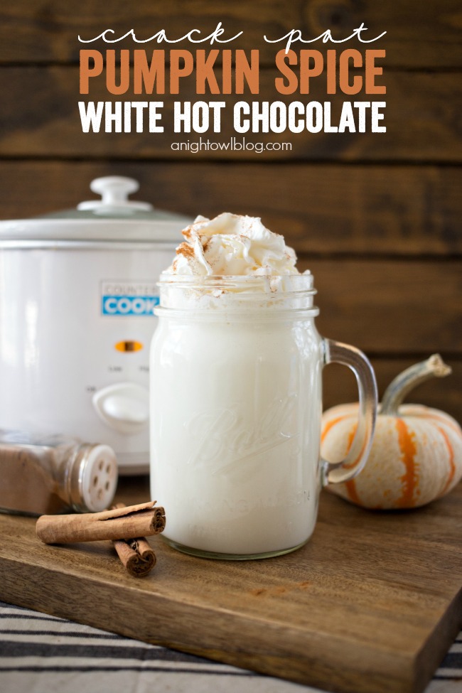 This Crock Pot Pumpkin Spice White Hot Chocolate is just three ingredients and is so easy to make! Perfect for a chilly fall evening!