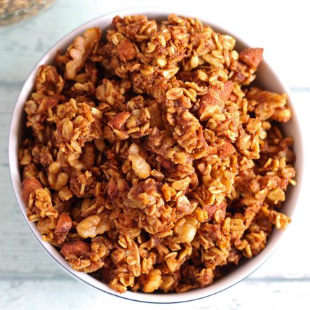 Pumpkin Spice Granola - a sweet combination of your favorite fall spices along with sweet maple syrup, brown sugar, walnuts and almonds.