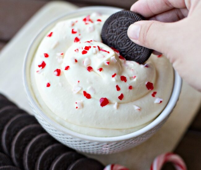 This Candy Cane Cheesecake Dip is easy to whip up and makes the perfect holiday appetizer or treat!