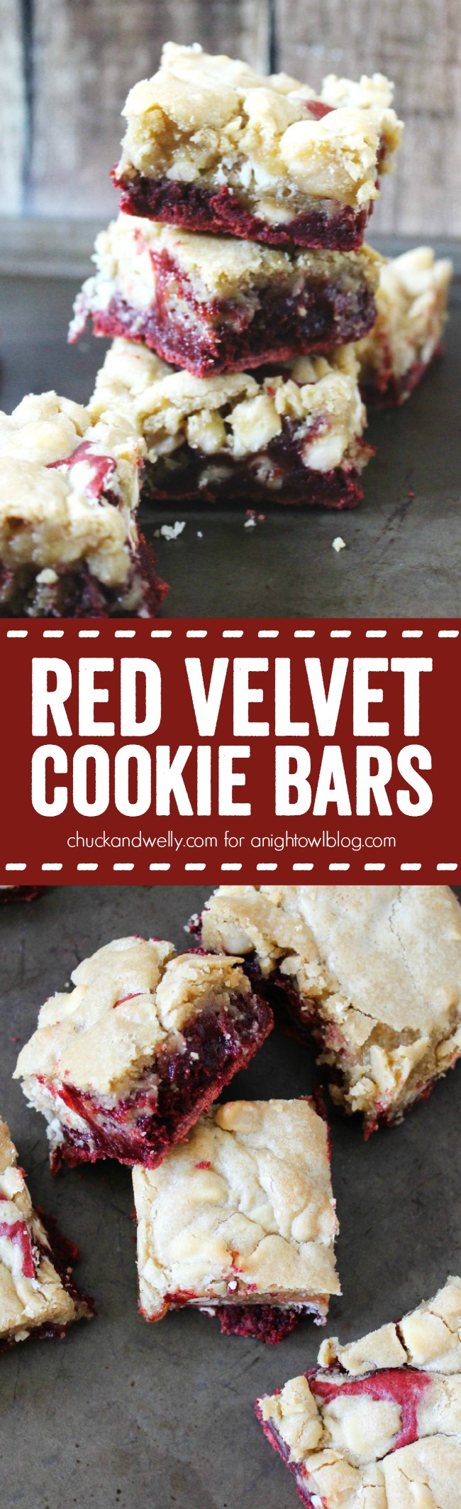 Red Velvet Cookie Bars - red velvet brownies topped with white chocolate macadamia nut cookie dough make for a decadent treat!