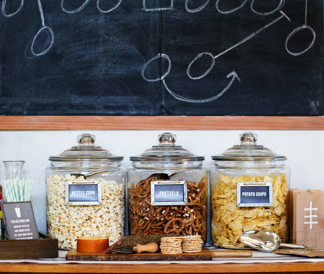This Self-Serve Game Day Snack Bar is so easy to set up and your guests can get their fill of snacks during the big game!