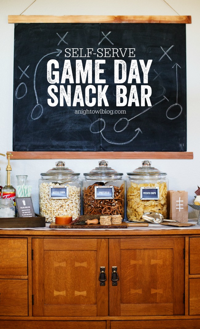 This Self-Serve Game Day Snack Bar is so easy to set up and your guests can get their fill of snacks during the big game!
