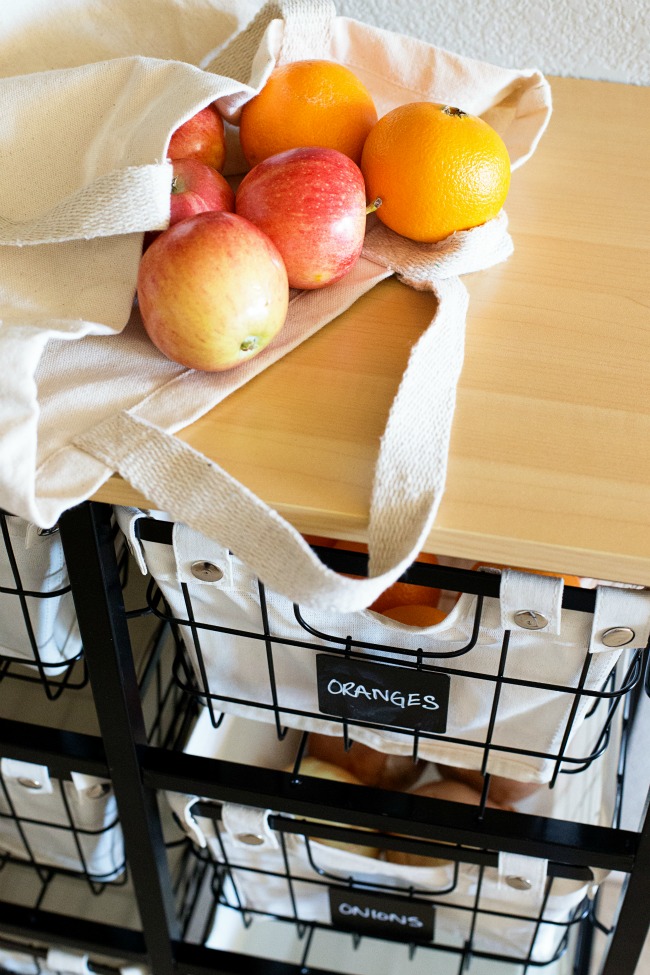 This simple cart and basket system is the perfect Produce Kitchen Organization and Storage solution!