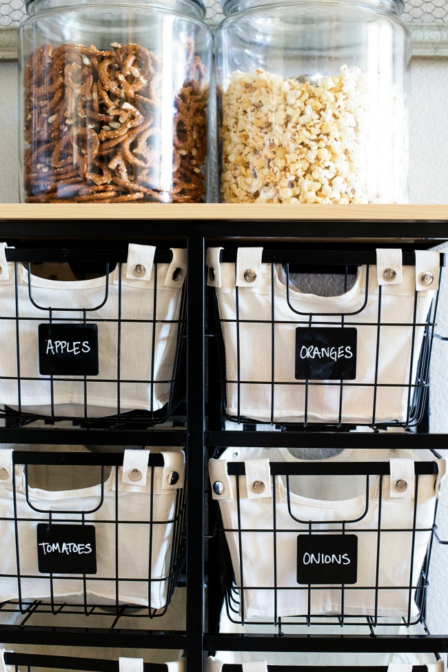 This simple cart and basket system is the perfect Produce Kitchen Organization and Storage solution!
