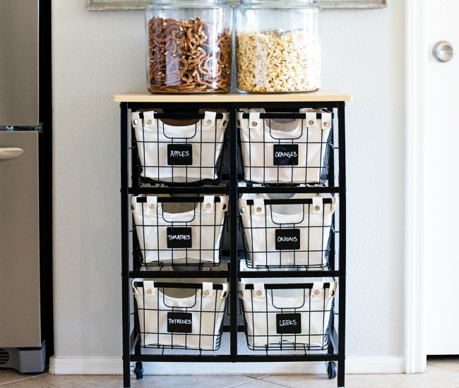 This simple cart and basket system is the perfect Produce Kitchen Organization and Storage solution!