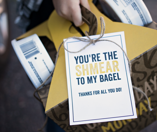 Breakfast Bagel Gift Basket - such a great gift idea for teachers, neighbors and more! With FREE cute printable tags.