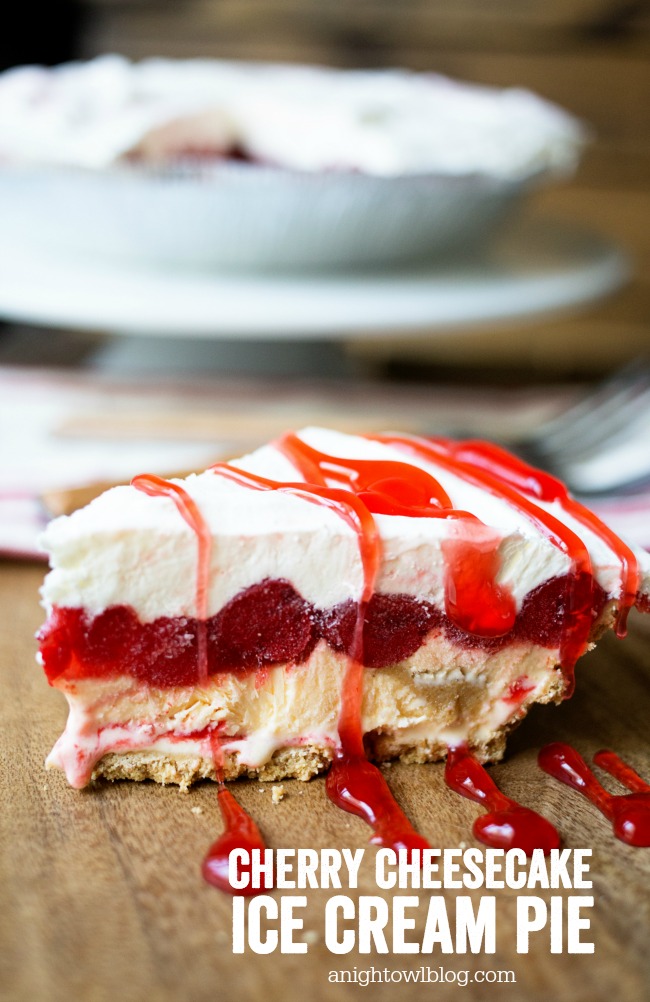 This delicious Cherry Cheesecake Ice Cream Pie is easy to make and so tasty! Perfect for spring and summer get togethers!