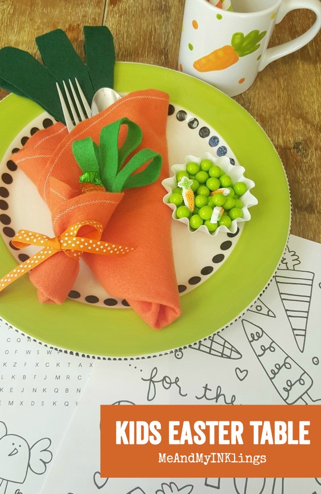 Create easy felt carrot utensil and treat holders for a fun Kids Easter Table!