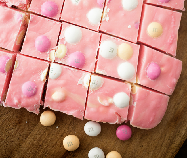 This Strawberry Shortcake Fudge is a quick and easy spring treat featuring delicious Strawberry Shortcake M&M's!