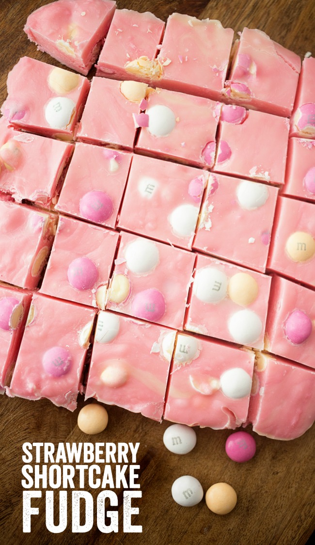 This Strawberry Shortcake Fudge is a quick and easy spring treat featuring delicious M&M's White Strawberry Shortcake!