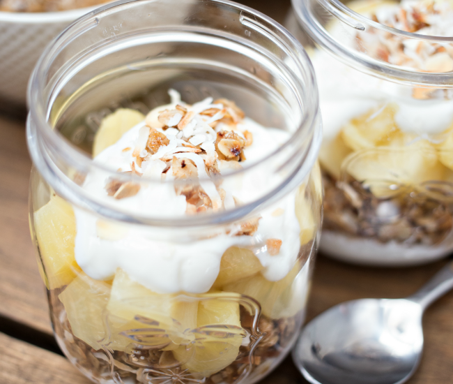 These Piña Colada Parfaits are the perfect combination of delicious coconut yogurt, toasted coconut granola and new DOLE Jarred Pineapple Chunks!