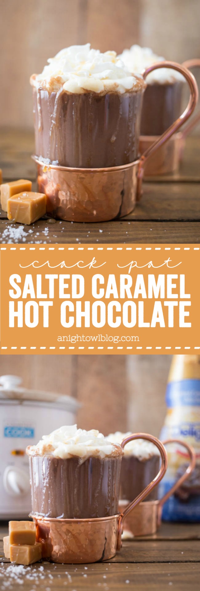 This Crock Pot Salted Caramel Hot Chocolate is just three ingredients and is so easy to make! Perfect for a chilly fall or winter evening!