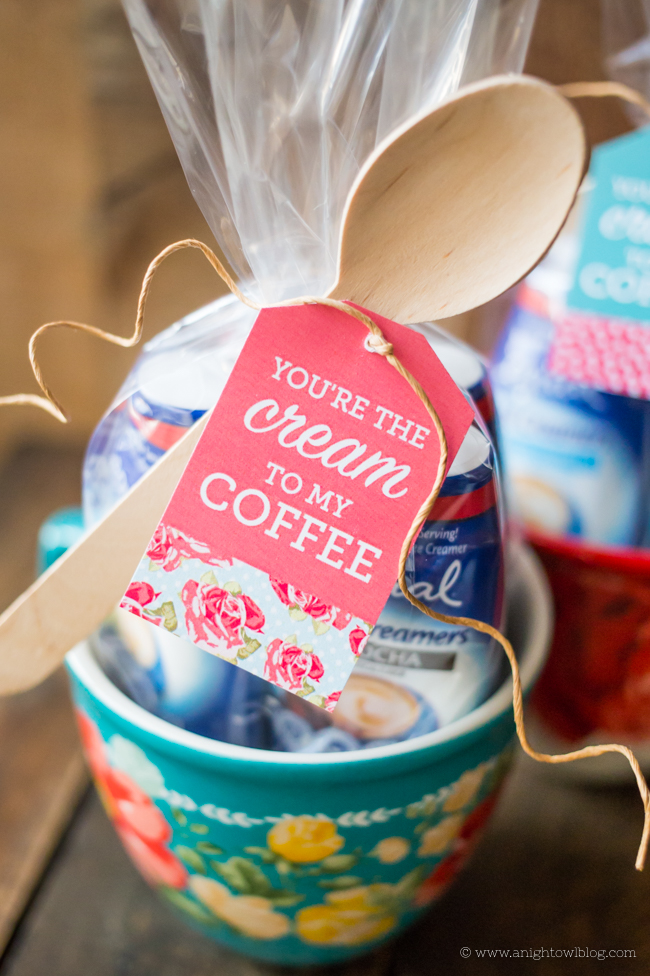 Put together the cutest You're the Cream to My Coffee Gift with a mug, Equal Cafe Creamers and these adorable FREE downloadable gift tags!