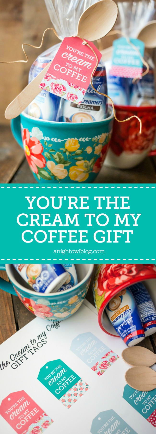 Put together the cutest You're the Cream to My Coffee Gift with a mug, Equal Cafe Creamers and these adorable FREE downloadable gift tags!