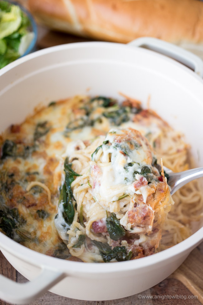 This Spinach and Bacon Creamy Pasta Bake is a delicious and easy weeknight meal the whole family will love!