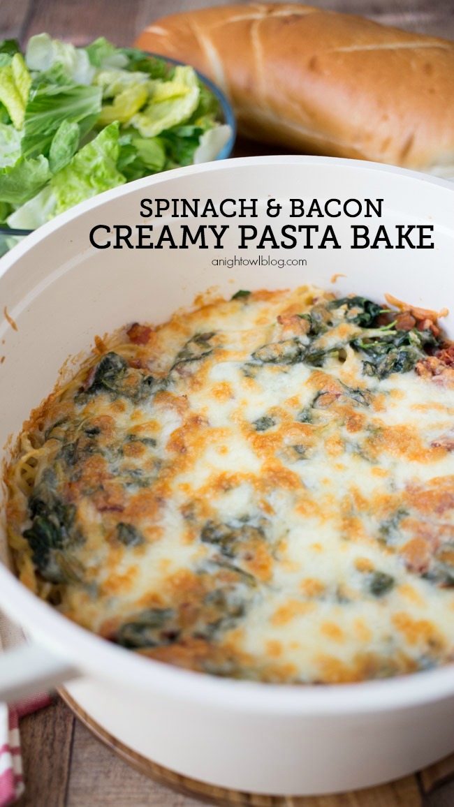 This Spinach and Bacon Creamy Pasta Bake is a delicious and easy weeknight meal the whole family will love!