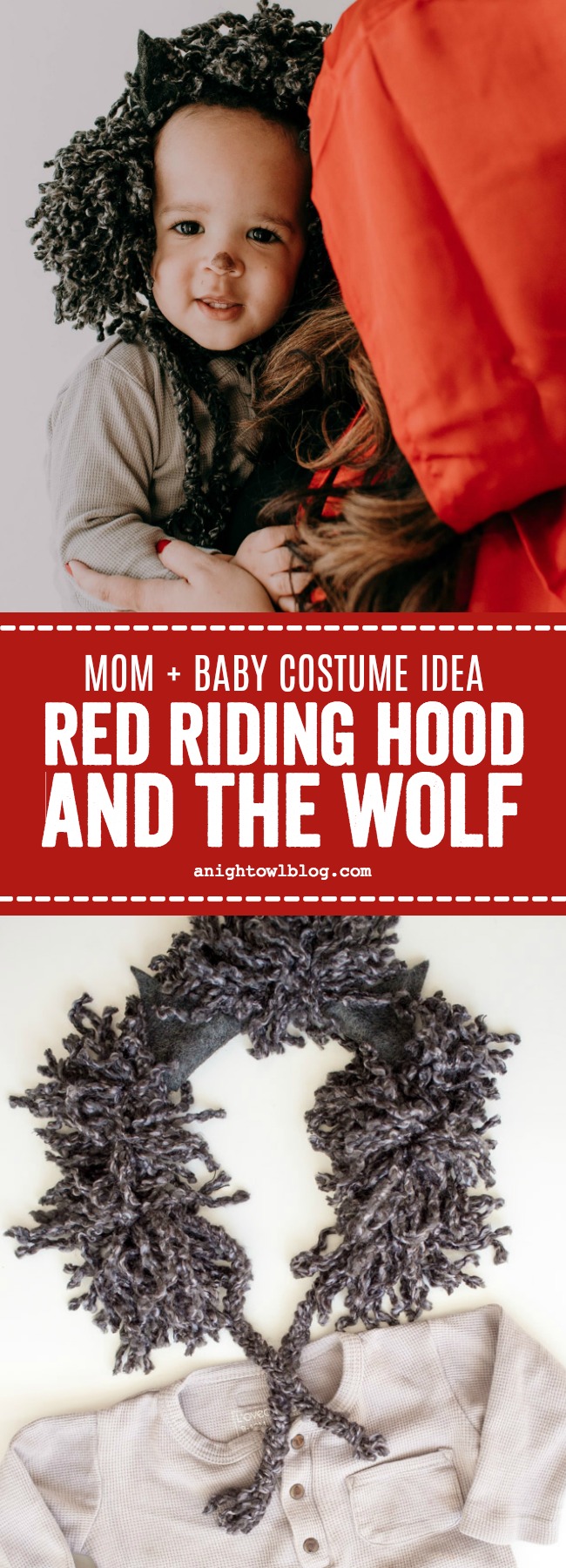 A perfect last-minute Mother and Baby Costume Idea, go as Little Red Riding Hood with an adorable little Wolf!