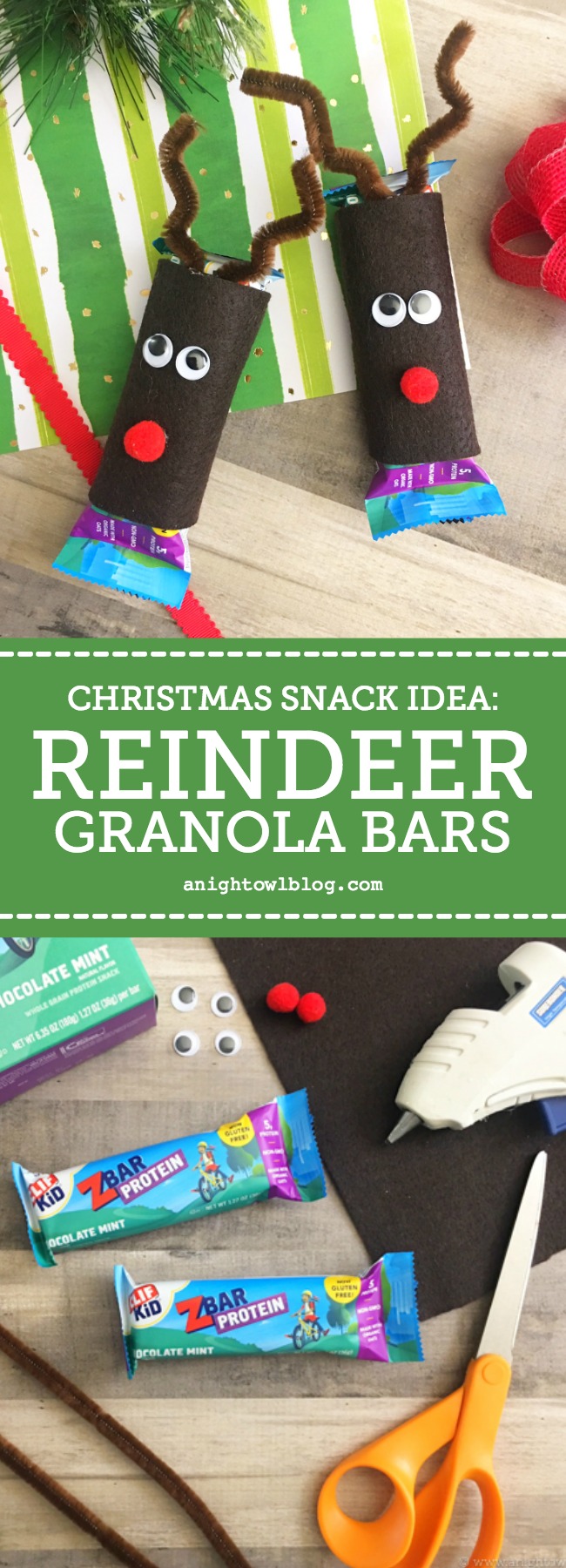 Bring holiday cheer to lunchboxes and after-school snacks with this clever and fun Christmas Snack Idea: Reindeer Granola Bar Covers!