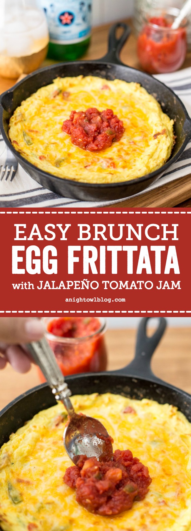 This easy Egg Frittata is delicious as a hearty breakfast or brunch dish and is ready to enjoy in 30 minutes with a zesty and easy Jalapeño Tomato Jam. #BreakfastRecipes #BrunchRecipes