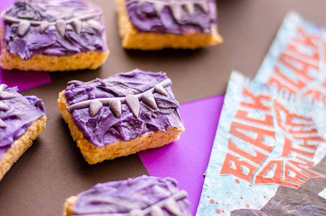 Perfect for fans of Black Panther and just in time for the Black Panther BluRay release, whip up these Black Panther Rice Krispie Treats for a fun and festive movie viewing snack! #BlackPanther