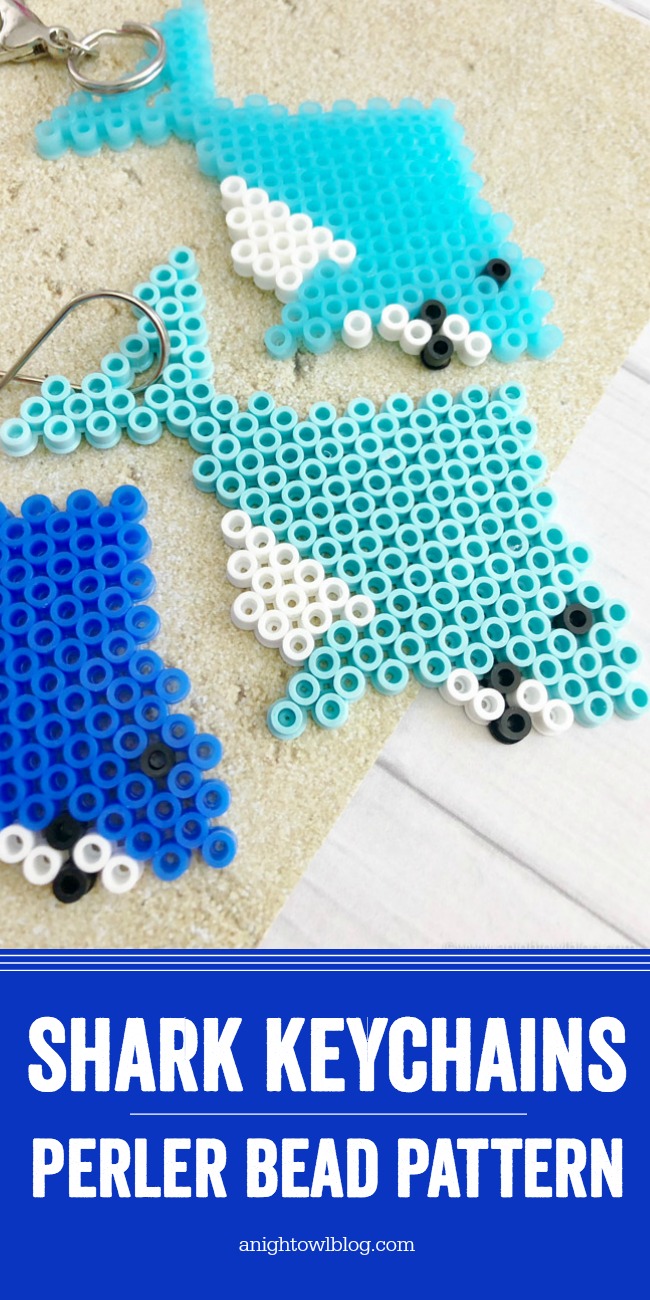 This Shark Perler Bead Pattern to make Shark Keychains is the perfect kid or shark lover activity for #SharkWeek, a Shark Party and more!