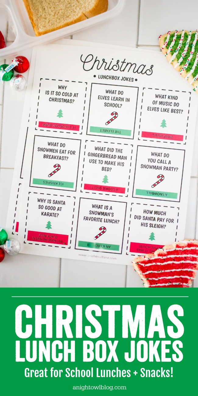 Download and print these Christmas Lunch Box Jokes perfect for your kiddos lunch box or snacks around the holiday.