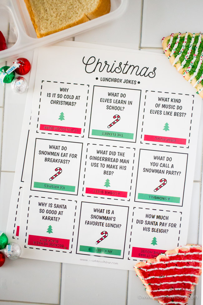 Download and print these Christmas Lunch Box Jokes perfect for your kiddos lunch box or snacks around the holiday.