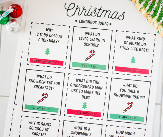 Download and print these Christmas Lunch Box Jokes perfect for your kiddos lunch box or snacks around the holiday.