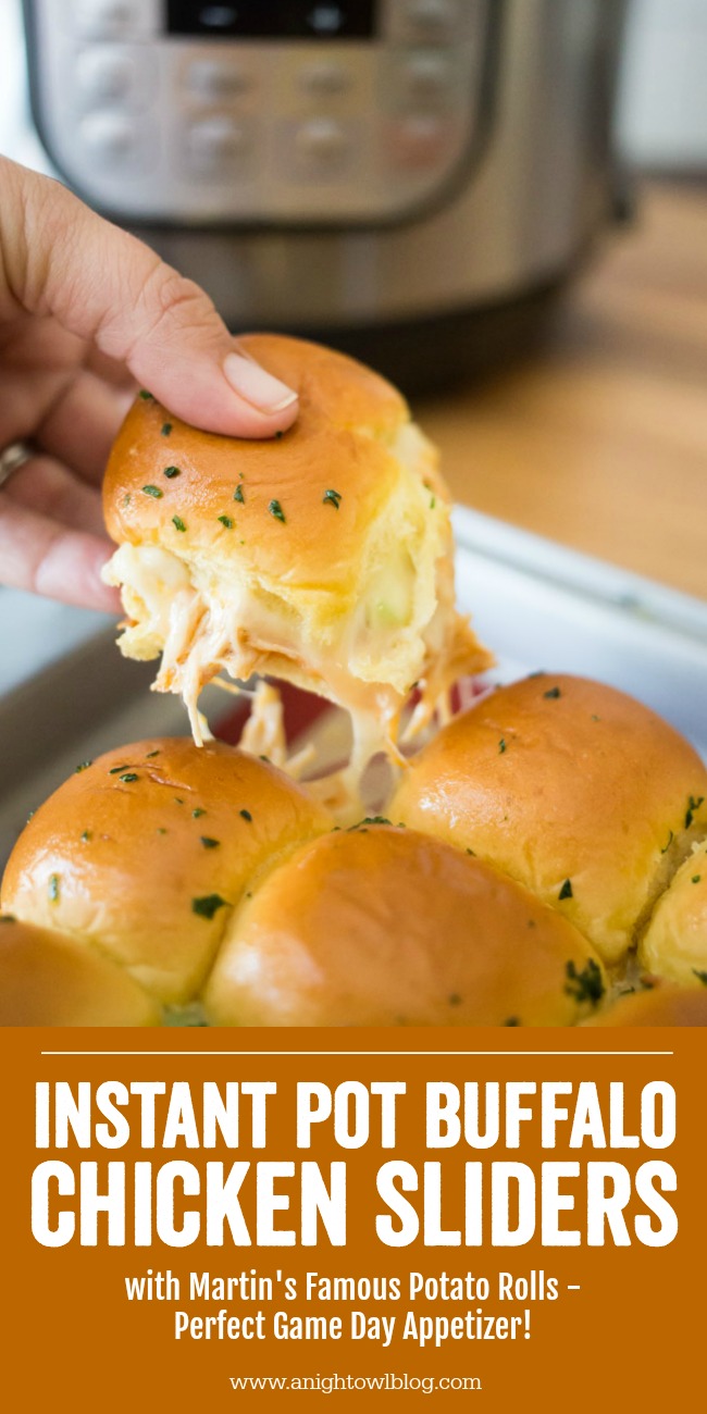 Perfect for parties, game day and more, whip up these delicious and easy Instant Pot Buffalo Chicken Sliders with Martin's Famous Potato Rolls! #InstantPot #BuffaloChicken