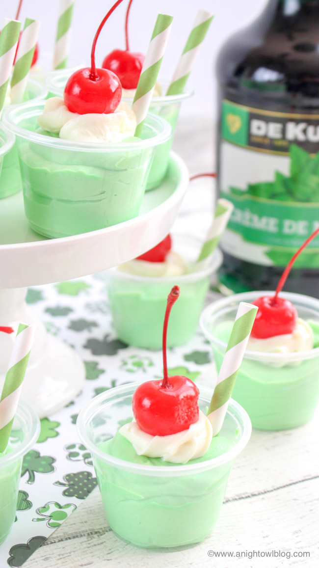 Adults Only: a delicious boozy treat for St. Patrick's Day, whip up these fun and festive Shamrock Shake Pudding Shots!