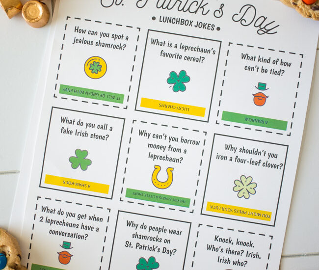 Download and print these St. Patrick's Day Lunch Box Jokes, perfect for your kiddos lunch box or snacks around the holiday.