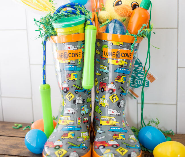 Such a unique and fun Easter basket idea, this year create Rain Boot Easter Baskets for your kids with Lone Cone Rain Boots!