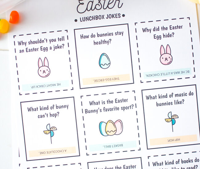 Download and print these Easter Lunch Box Jokes, perfect for your kiddos lunch box or snacks around the holiday.