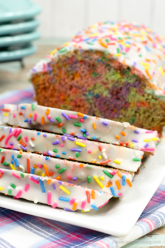 Perfect for Unicorn Breakfasts, Unicorn Parties, National Unicorn Day and more, bake up a batch of this delicious and fun Unicorn Banana Bread!