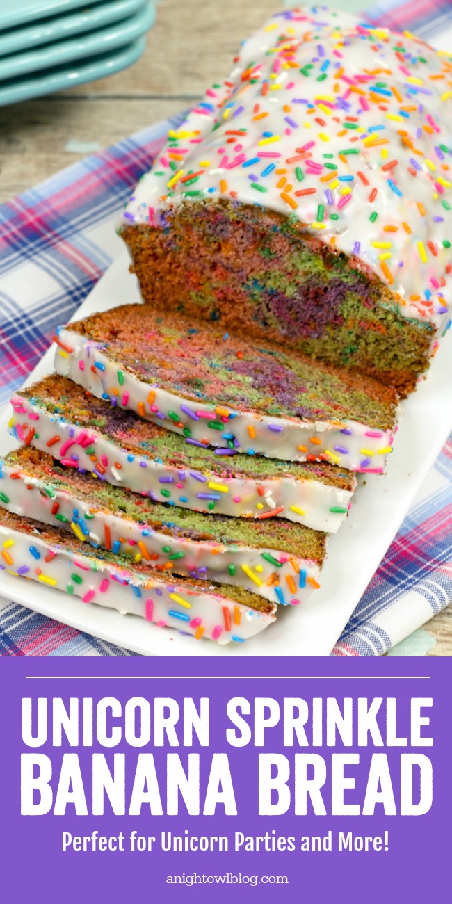Perfect for Unicorn Breakfasts, Unicorn Parties, National Unicorn Day and more, bake up a batch of this delicious and fun Unicorn Banana Bread!