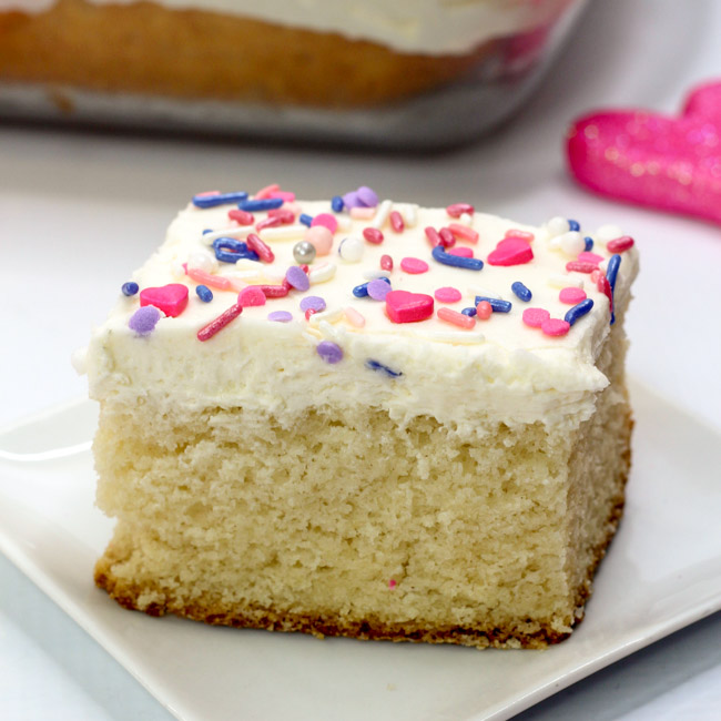 Perfect for Valentine's Day, this White Texas Sheet Cake is fun, festive and delicious!